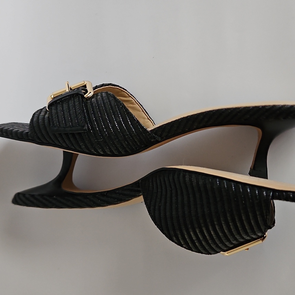 NEW Ann Taylor Black Gold Buckle Slide Kitten Heel Sandal Size 9.5 - Picture 14 of 17
